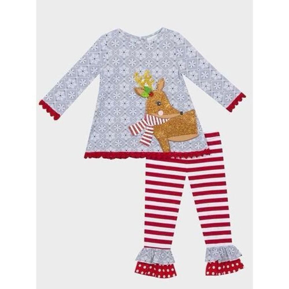 Rare Editions Gray Snowflake Reindeer Red Stripe Pants Set 4T NWT Girls Holiday